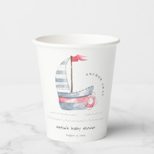 Cute Nautical Pastel Red Blue Sailboat Baby shower Papieren Bekers (Voorkant)