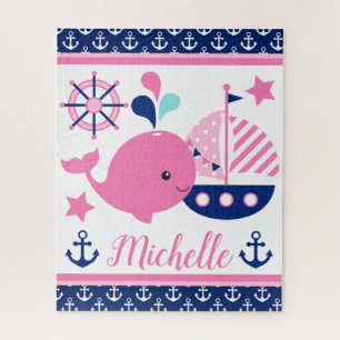 Cute Nautical Pink Whale and Anchors Pattern Legpuzzel