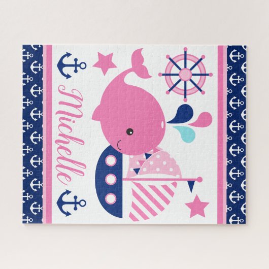 Cute Nautical Pink Whale and Anchors Pattern Legpuzzel (Horizontaal)