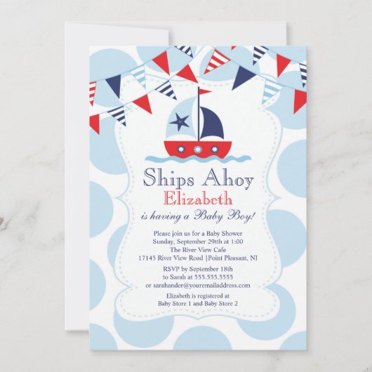 Cute Nautical Sailboat Boys Baby shower Invitation (Devant)