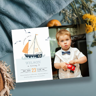 Cute Nautical Sailboat Kinder Foto Birthday Invite Bedankkaart