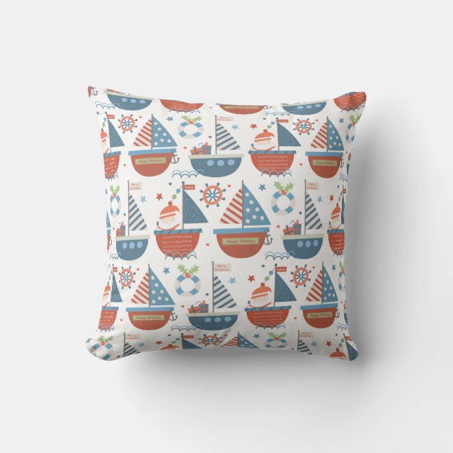 Cute Nautical Santa Sailboat Pattern Red Kussen (Voorkant)