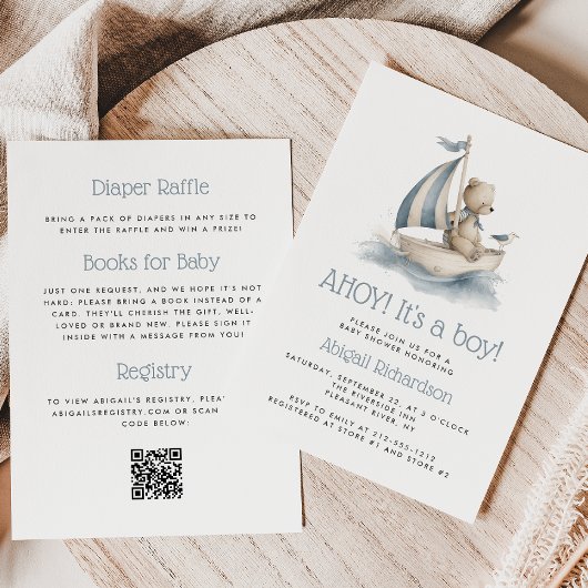 Cute Nautical Teddy Bear QR Code Boy Baby Shower Kaart