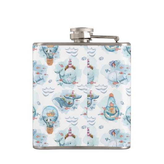 Cute Nautical Whales Waterverf Pattern Heupfles (Achterkant)
