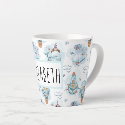 Cute Nautical Whales Waterverf Pattern Latte Mok (Rechterhoek)