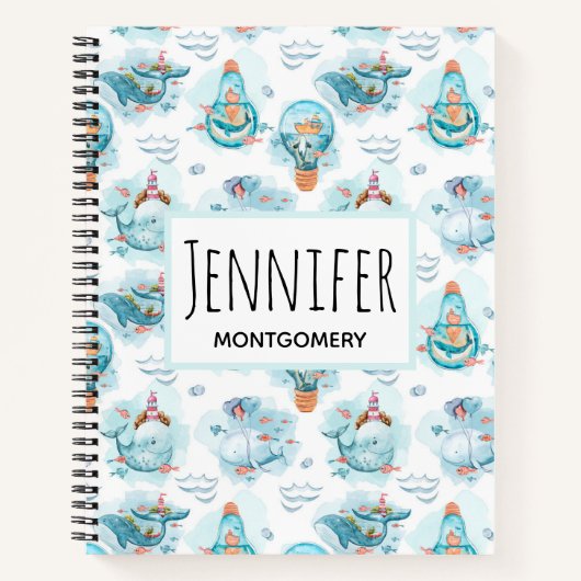 Cute Nautical Whales Waterverf Pattern Notitieboek (Voorkant)