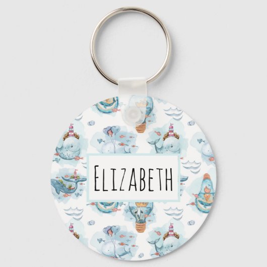 Cute Nautical Whales Waterverf Pattern Sleutelhanger (Voorkant)