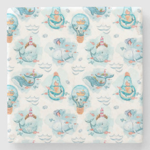 Cute Nautical Whales Waterverf Pattern Stenen Onderzetter