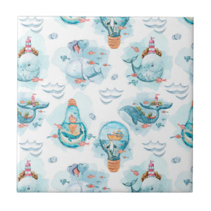 Cute Nautical Whales Waterverf Pattern Tegeltje