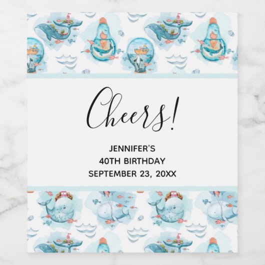 Cute Nautical Whales Waterverf Pattern Wijn Etiket (Enkel label)