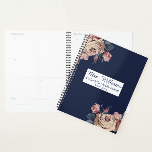 Cute Navy Blue Floral Personalized Teacher Planner (Display)