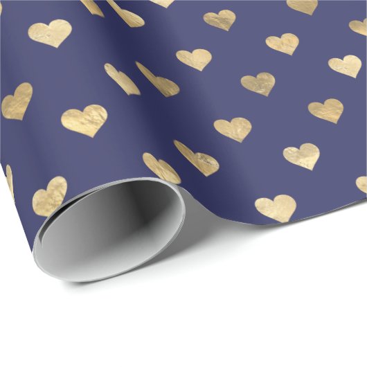 Cute Navy Blue Gold Hearts Pattern  Cadeaupapier (Rol Hoek)