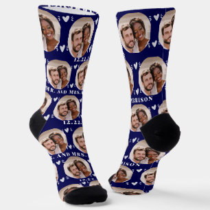 Cute Navy Blue Jonggehuwden Huwelijksfoto Sokken
