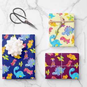 Cute Navy Blue, Yellow & Paars Dinosaur Birthday Inpakpapier Vel