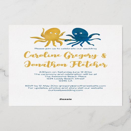 Cute Navy en gouden octopus oceanische bruiloft Folie Uitnodiging (Achterkant)