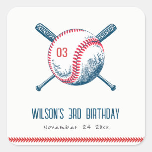 Cute Navy Red Baseball Bat Star Kids Birthday Vierkante Sticker