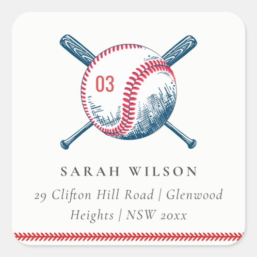 Cute Navy Red Baseball Bat Star Kinder adres Vierkante Sticker (Voorkant)