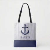 Cute Navy White Nautical Wood Anchor Monogram Draagtas (Voorkant)