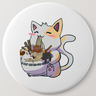 Cute Neko Cat met Ramen Noodles Bowl Anime Japan Ronde Button 6,0 Cm