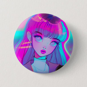Cute Neon Anime Girl Button
