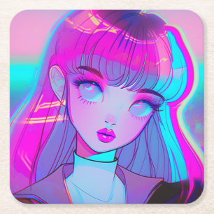Cute Neon Anime Meisje Vierkante Papieren Onderzet Kartonnen Onderzetter