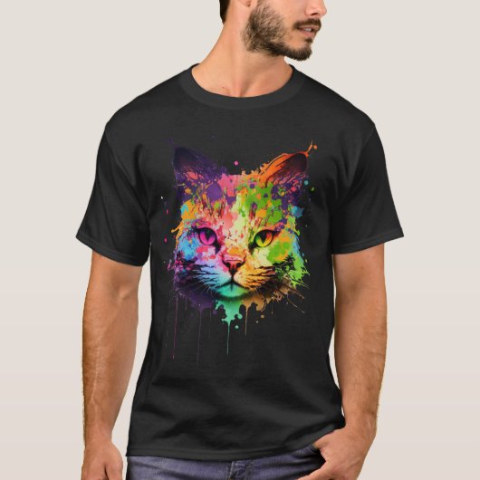 Cute Neon Graffiti Ink Splash Cat T-shirt (Voorkant)
