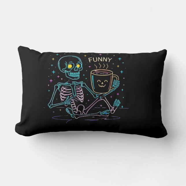Cute Neon Skeleton Drinking Coffee – Funny Pastel  Kussen (Voorkant)