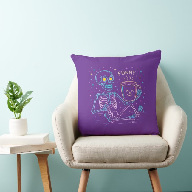 Cute Neon Skeleton Drinking Coffee – Funny Pastel  Kussen (Stoel)
