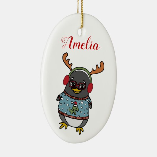 Cute Nerd Penguin | Eigen naam kerstmis Keramisch Ornament (Rechts)