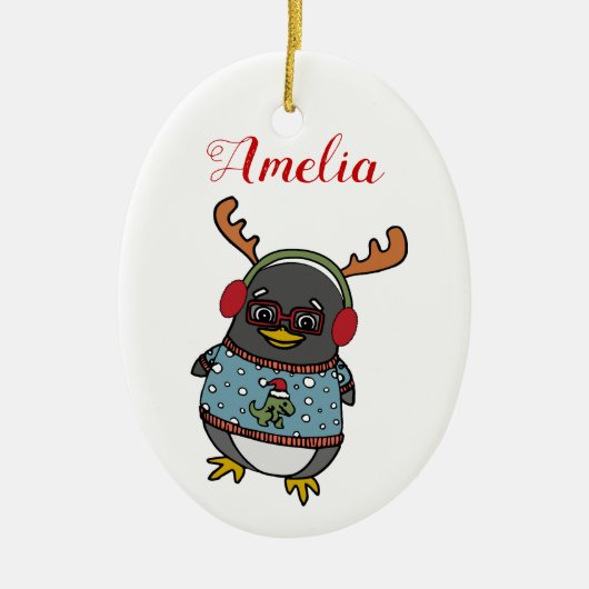 Cute Nerd Penguin | Eigen naam kerstmis Keramisch Ornament (Voorkant)