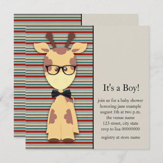 Cute Nerdy Geek Giraffe Baby Boy Shower Kaart (Voorkant / Achterkant)