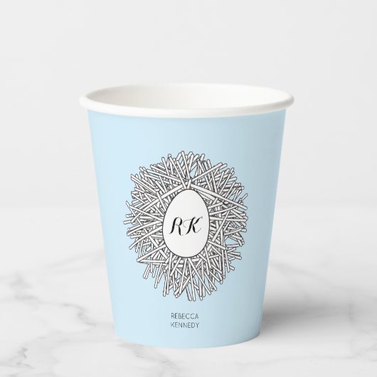 Cute Nest & Egg Personalized Initialen & Name Blue Papieren Bekers (Voorkant)