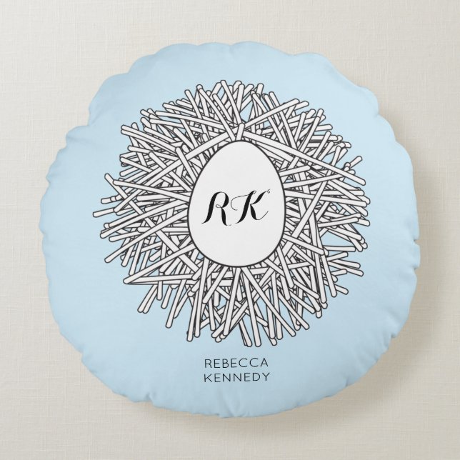 Cute Nest & Egg Personalized Initialen & Name Blue Rond Kussen (Voorkant)