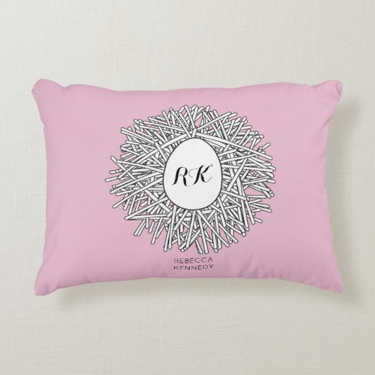Cute Nest & Egg Personalized Initialen & Name Pink Accent Kussen (Voorkant)