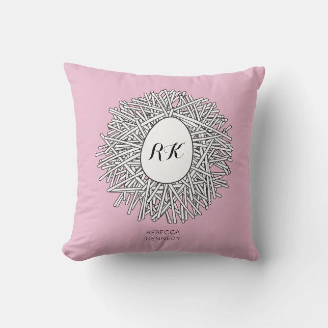 Cute Nest & Egg Personalized Initialen & Name Pink Kussen (Voorkant)