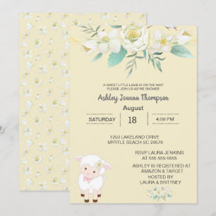 Cute Neutral Floral Lamb Baby shower Invitation Kaart