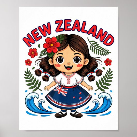 Cute New Zealand Girl With Fern And Waves Dor Kids Poster (Voorkant)