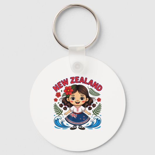 Cute New Zealand Girl With Fern And Waves Dor Kids Sleutelhanger (Voorkant)