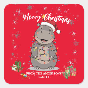 Cute Nijlpaard Kerstboom dierentuin safari Kerst g Vierkante Sticker