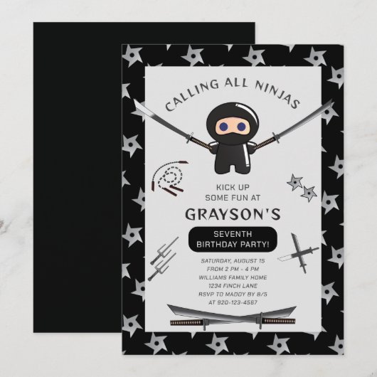 Cute Ninja Birthday Party Invitation Kaart (Voorkant / Achterkant)