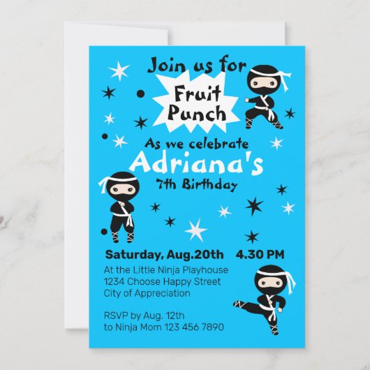 Cute Ninja Warrior Girls Blue Birthday Party Kaart (Voorkant)