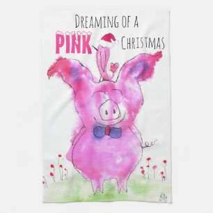 Cute Noël Cochon rose Serviette de cuisine