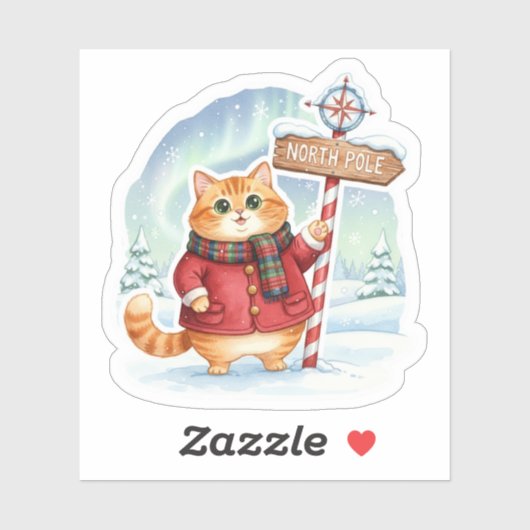 Cute North Pole Cat in Coat & Scarf Christmas  Sticker (Vel)