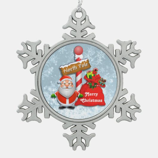 Cute North Pole Santa Snowflake Tin Sneeuwvlok Ornament (Voorkant)
