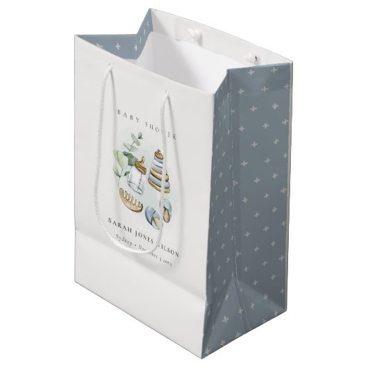 Cute Nursery Essential Leafy Blue Boy Baby shower Medium Cadeauzakje (Voorkant Gekanteld)