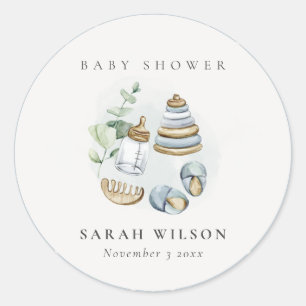 Cute Nursery Essential Leafy Blue Boy Baby shower Ronde Sticker