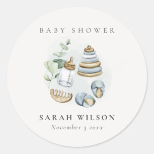 Cute Nursery Essential Leafy Blue Boy Baby shower Ronde Sticker