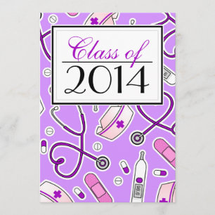 Cute Nursing School RN Paars Afstuderen Invite Kaart