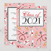 Cute Nursing School RN Roze Afstuderen Uitnodigen Kaart (Voorkant / Achterkant)