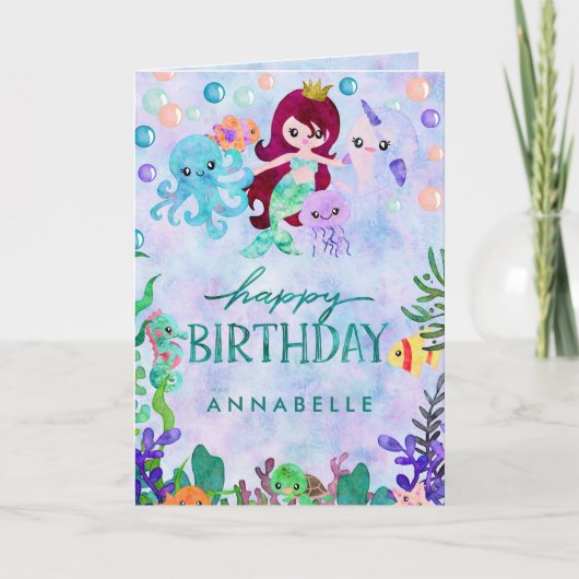 Cute Ocean Animals Mermaid Theme Happy Birthday Kaart (Voorkant)